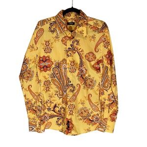 AVVA Project Men's Yellow Paisley Floral Print Button Down Shirt Size 
M Retro